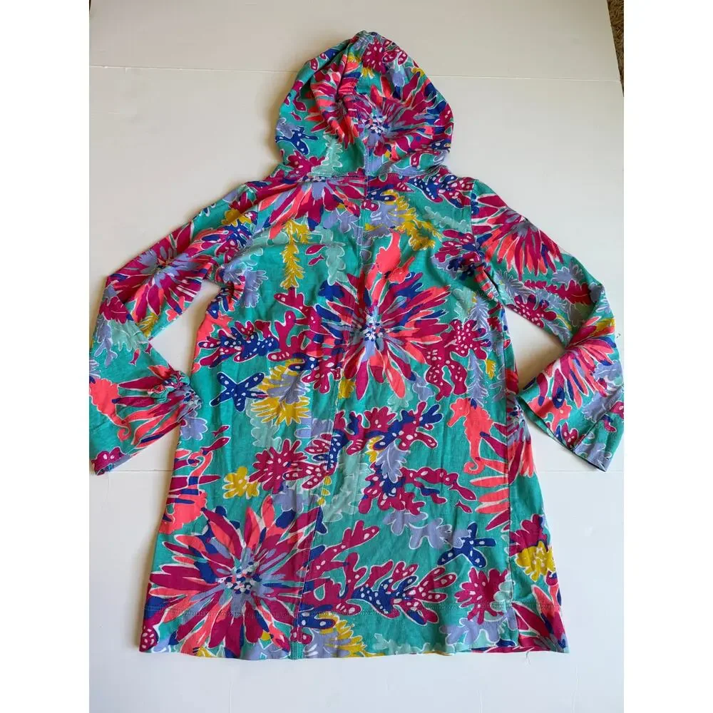 Lilly Pulitzer Girls Medium 6-7 Teal Floral Hooded Swim Cover-Up 100% Cotton